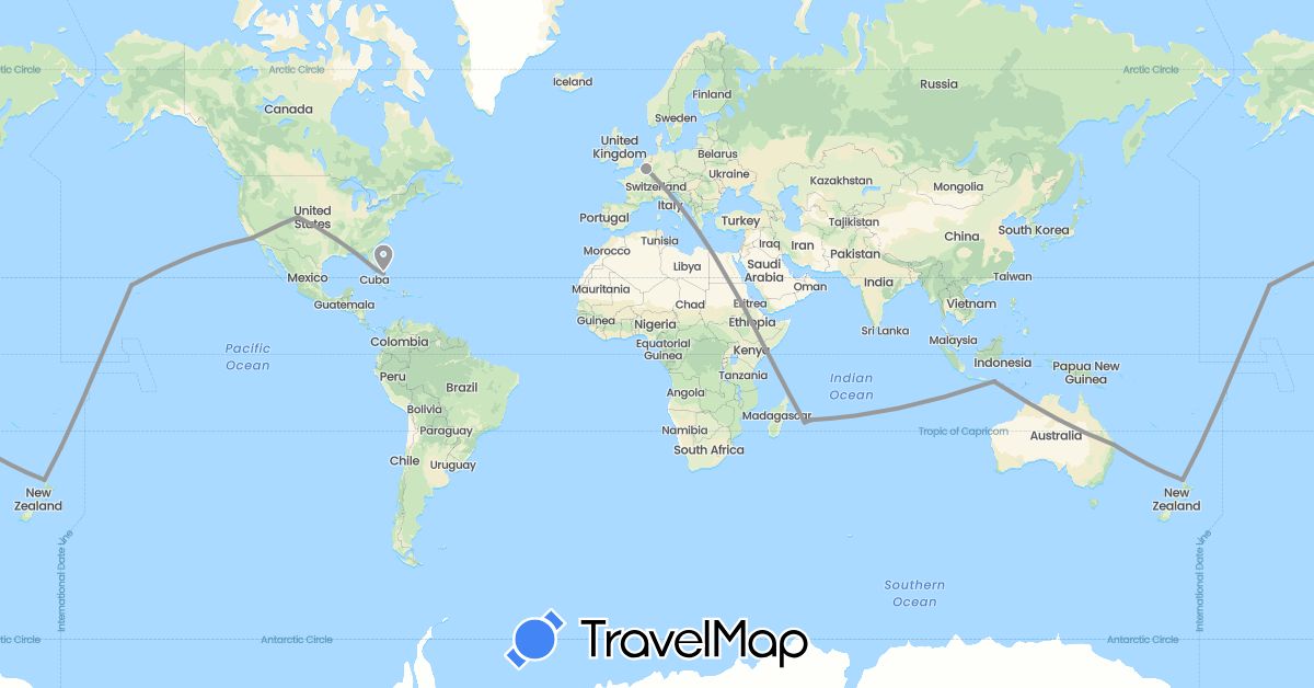 TravelMap itinerary: plane in Australia, Belgium, Bahamas, France, Indonesia, Mauritius, New Zealand, United States (Africa, Asia, Europe, North America, Oceania)